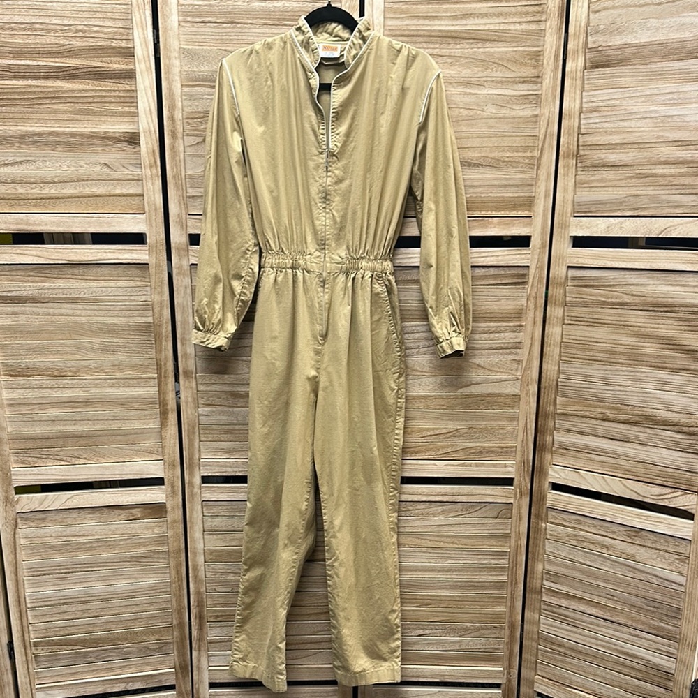 1970s Nazook 100% cotton Tan Jumpsuit with Long Sleeves and Zipper Front